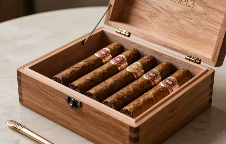 An elegant cedar wood humidor containing luxury cigars and metallic accessories, soft morning light hitting the polished wood, South American lounge setting, refined and professional photography, featuring beige and muted brown tones.