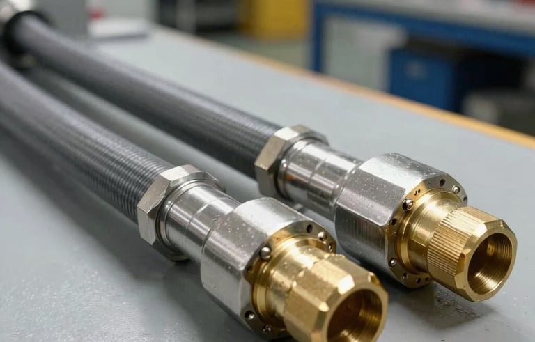 Close-up photography of a reinforced industrial hydraulic hose assembly with stainless steel and brass gold fittings on a clean workstation floor in a Jerusalem industrial park, Middle Eastern / Israeli workshop setting, bright natural lighting, professional finish.