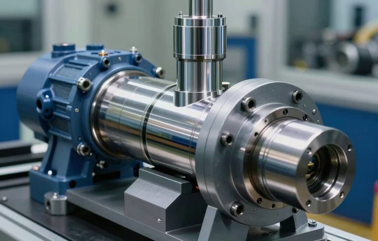 High-performance hydraulic pump components and cylinders on a professional test bench, gleaming chrome and blue-grey steel surfaces, Middle Eastern / Israeli industrial engineering facility, soft diffused lighting emphasizing precision manufacturing.