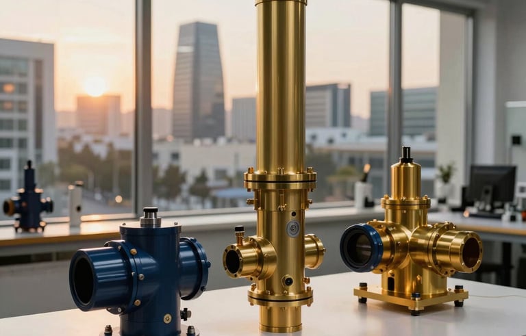 A modern industrial design studio, high-end hydraulic manifold prototypes on a clean white table, architectural windows overlooking a Jerusalem business park, Middle Eastern / Israeli technology hub, sunset lighting casting warm gold tones. Colors: brass gold and navy.