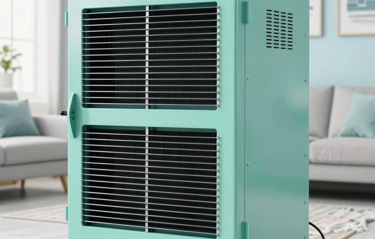 An industrial-grade air scrubber machine working in a bright, modern North American / US (Florida) living room. The scene is immaculate and bright, with light green and soft blue tones emphasizing a hygienic and pure atmosphere.