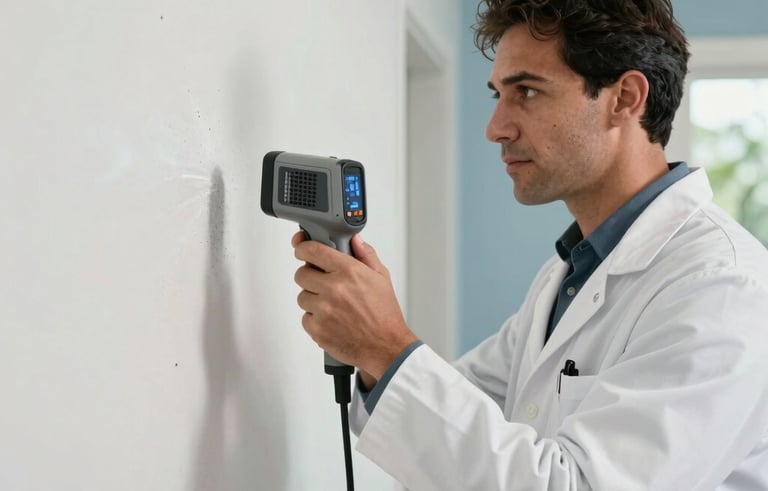 A professional environmental specialist in North American / US (Florida) attire wearing a white lab coat and using a thermal imaging camera to inspect a residential wall for hidden moisture. The lighting is bright and clean, with soft blue and white accents in the room.