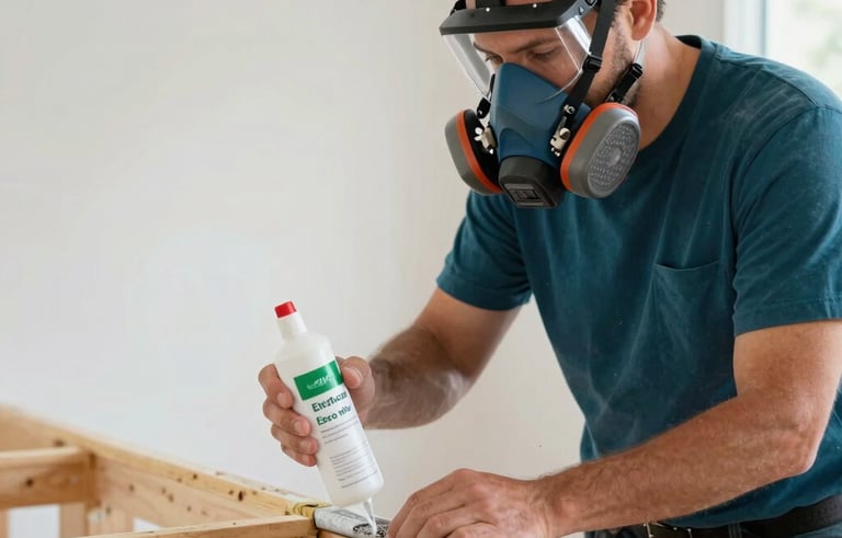 A technician wearing professional safety gear and a respirator mask performing mold remediation in a Florida home. They are carefully applying an eco-friendly sealant to wood framing. The lighting is crisp and clear, featuring dark teal and white elements.