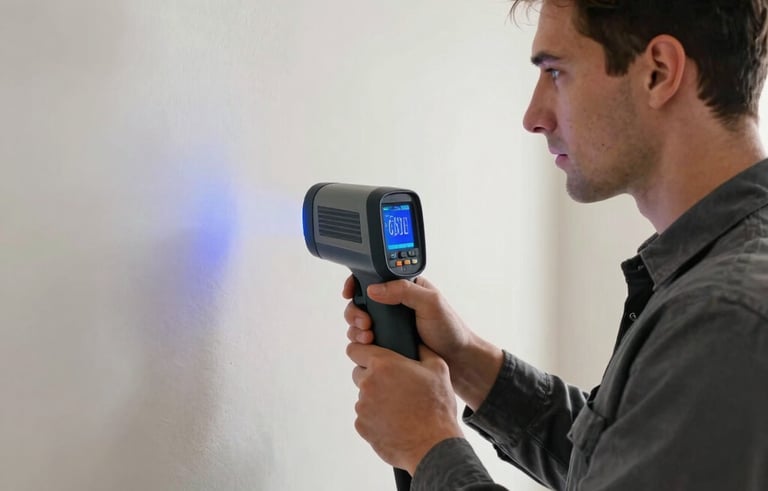 A professional mold inspector in a North American / US / Florida home using a thermal imaging camera to detect hidden moisture behind a wall. Clean, efficient lighting with steel blue and dark gray highlights on high-tech diagnostic equipment.