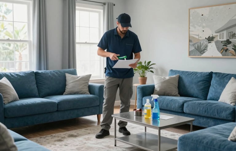 A clean, bright, and moisture-free Florida living room after professional mold remediation. The space looks fresh and safe, featuring light gray walls and steel blue furniture, conveying a fast problem fix result.