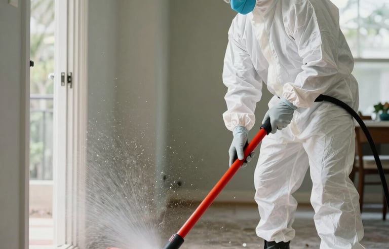 A mold removal technician in full white protective safety gear working inside a North American / US / Florida residence. Action-driven scene showing rapid cleanup with high-efficiency air scrubbers and orange red accent tools.
