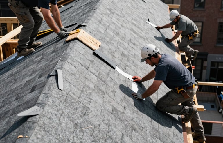 Architectural photography of a complete roof replacement project on a North American / NYC brownstone. Workers are installing high-grade steel gray shingles. The composition emphasizes strength, protection, and construction-grade durability.