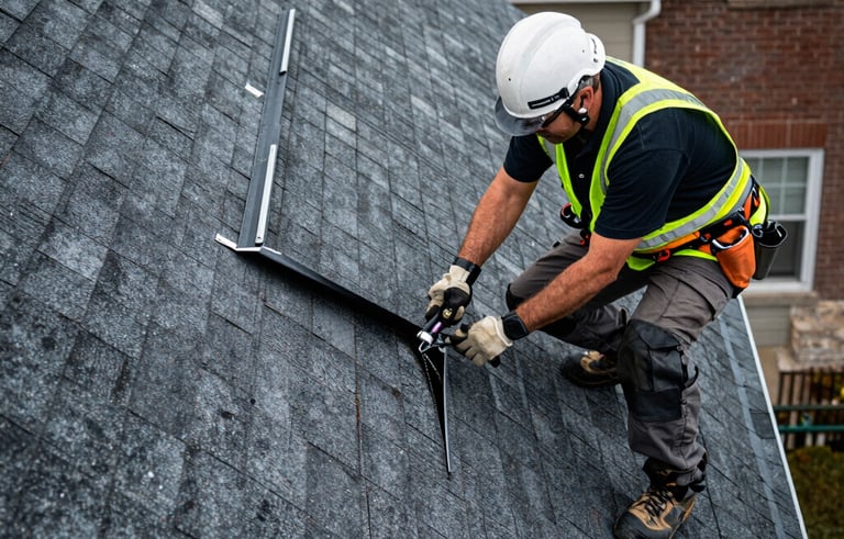 A detailed high-angle photograph of a roofing specialist in safety gear performing a precision leak inspection on an asphalt shingle roof of a North American / NYC residence. The scene uses charcoal black and steel gray tones, highlighting structural integrity and professional safety equipment.
