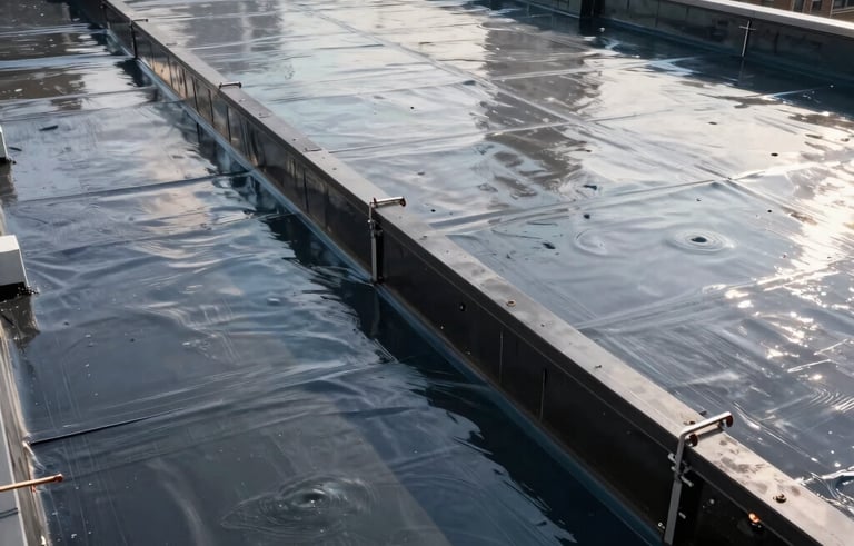 A wide-angle professional photograph of a large flat commercial rooftop in Manhattan, New York. The image shows fresh waterproofing membrane and structural parapet walls, reflecting a safety-first and structural-engineering aesthetic.