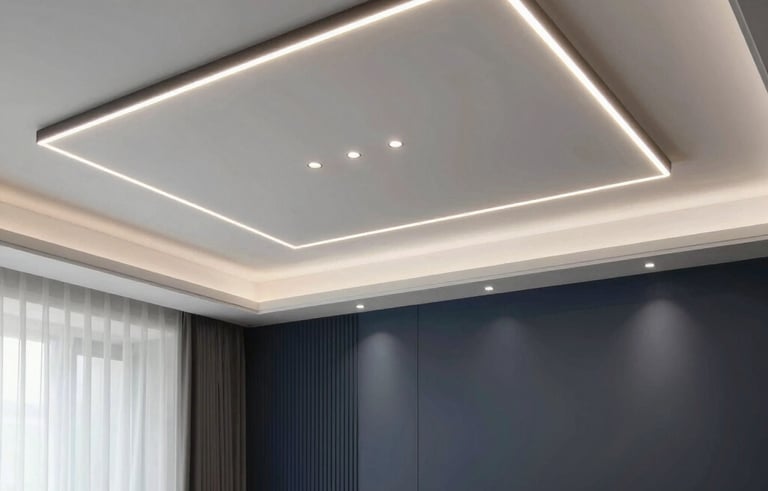 Professional photography of a modern Turkish living room interior showing a newly installed suspended ceiling with sophisticated LED lighting, clean lines, soft gray and charcoal blue color palette, Middle Eastern architectural details.