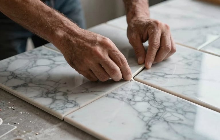 Detailed shot of professional ceramic tile installation in a Middle Eastern / Turkish kitchen, marble-patterned porcelain tiles being perfectly aligned by skilled hands, soft natural lighting, soft gray and light blue tones.