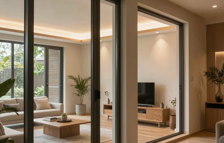 A sophisticated Japandi-style residential interior with warm lighting, emphasizing high-performance window frames and comfortable, healthy living spaces, North American / US setting.