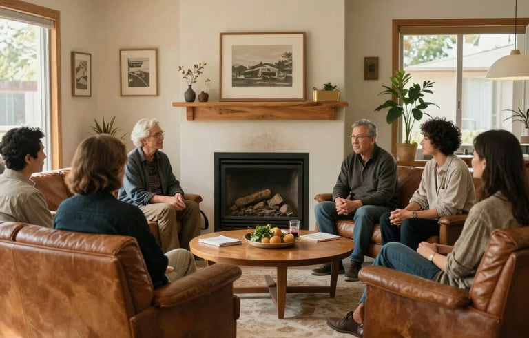 A heart-centered photography of a community education session in a warm mid-century modern living room in Altadena. People are engaged in conversation near a fireplace. The interior features leather textures and light wood, North American / US setting.