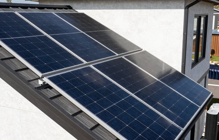 A technical architectural photograph showing modern solar panel arrays and battery storage systems integrated into a clean, modern home exterior, crisp lighting, North American / US setting.