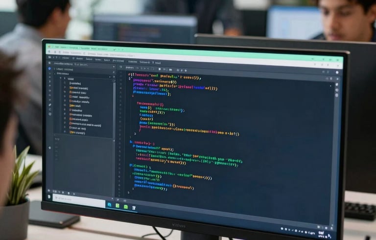 A software developer's modern workstation in a bright Latin American / Spanish office. Close-up of complex code on a high-resolution screen, blurred collaborative tech team in the background. Mint green and steel blue accents in a professional setting.