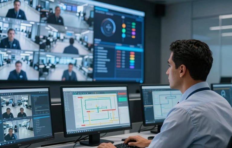 A high-tech security control room. A Latin American / Spanish professional manager monitoring multiple sleek screens showing CCTV feeds and access control maps. Modern architecture, professional atmosphere with medium blue and dark blue tones.