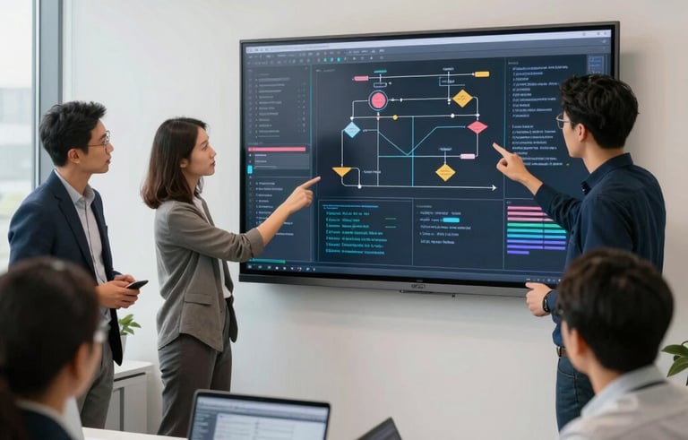 A collaborative tech team in a bright North American office environment reviewing a complex software architecture on a large wall-mounted screen. Modern professional attire and focused expressions.