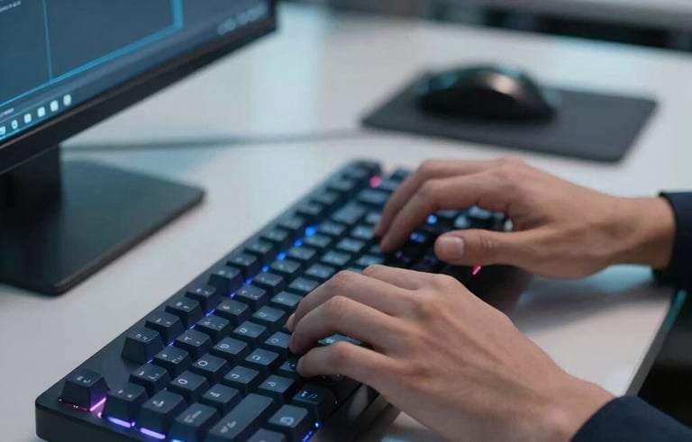Close-up of a professional programmer's hands in a modern North American office, typing on a mechanical keyboard with soft navy and light blue ambient lighting reflecting off glass surfaces.
