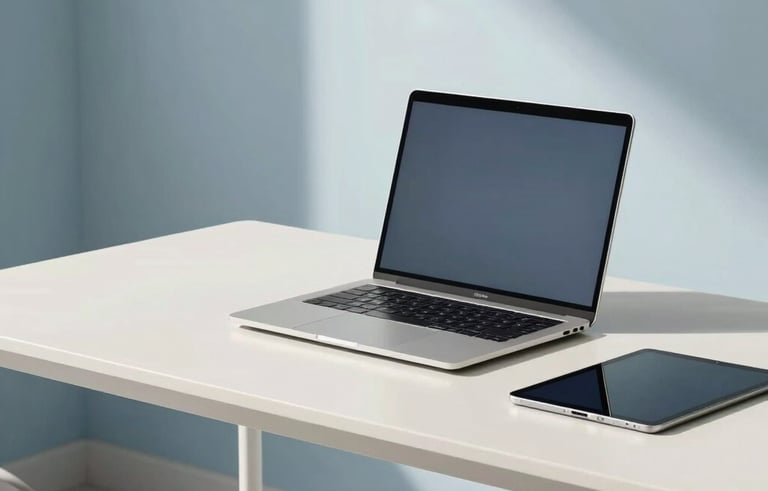 A high-end, minimalist North American studio desk featuring a laptop and a tablet. The room is bright with natural sunlight, emphasizing a clean and modern design aesthetic. Soft blue and off-white tones dominate the scene.