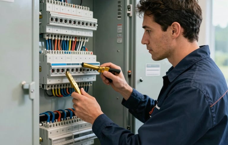 A professional Master Electrician in a clean navy uniform inspecting a modern 200A electrical panel in a high-end North American / Canadian (British Columbia) home. The lighting is bright and professional, highlighting clean wiring and gold-toned precision tools.