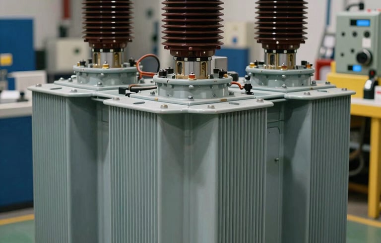 A sophisticated close-up of heavy-duty industrial three-phase power equipment and transformers in a North American / Canadian (British Columbia) facility. Soft industrial lighting, sharp detail, emphasizing safety and robust engineering.