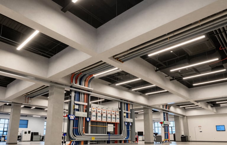 A wide, professional shot of a modern commercial interior in British Columbia with high ceilings and sophisticated architectural lighting. The scene shows the complex, neatly organized electrical conduits and fixtures installed by experts.