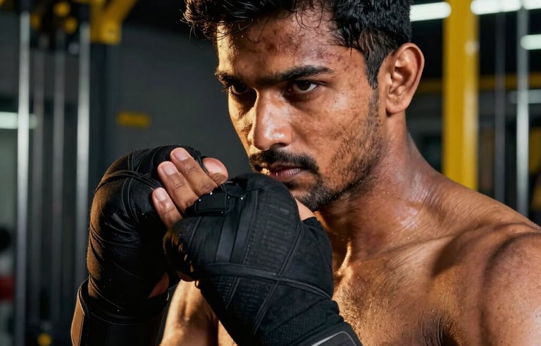 A close-up, dramatic shot of a South Asian / Indian boxer with hand wraps, focused intensity. Low-key lighting with golden highlights. The background is a premium fitness gym with navy and yellow equipment.