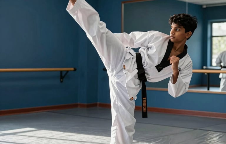 A dynamic action shot of a South Asian / Indian student in a crisp white Taekwondo dobok performing a powerful high side-kick in a modern martial arts studio. The background features dark blue wall accents and premium silver floor mats. Energetic and sporty atmosphere with natural sunlight.