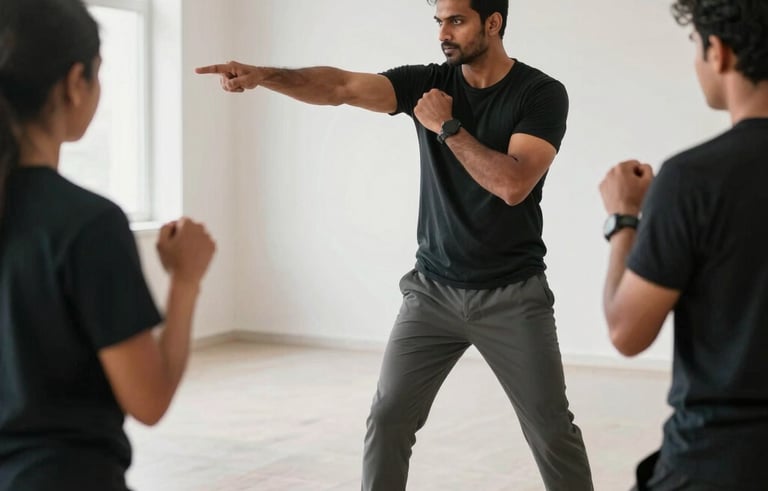 A professional photography shot of a self-defence workshop. A South Asian / Indian instructor is demonstrating a tactical strike to a focused student. The setting is a bright, modern studio with silver and off-white flooring. Energetic atmosphere.