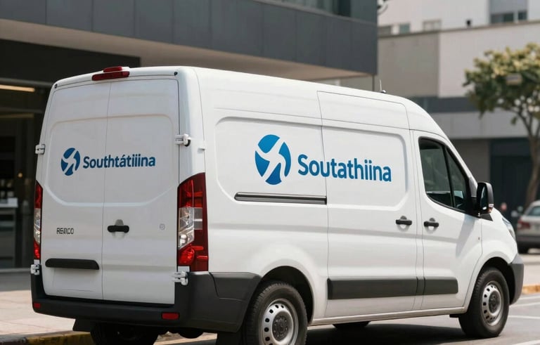 A modern white delivery van parked on a clean street in a South American business district, sleek profile, professional branding visible on the side, bright daylight, commercial photography style.