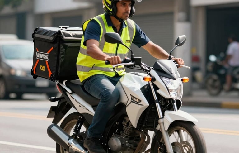 A professional South American delivery rider wearing a reflective safety vest, riding a clean modern motorcycle through a sunny urban Brazilian street, shallow depth of field, sharp focus on the rider, vibrant morning light.