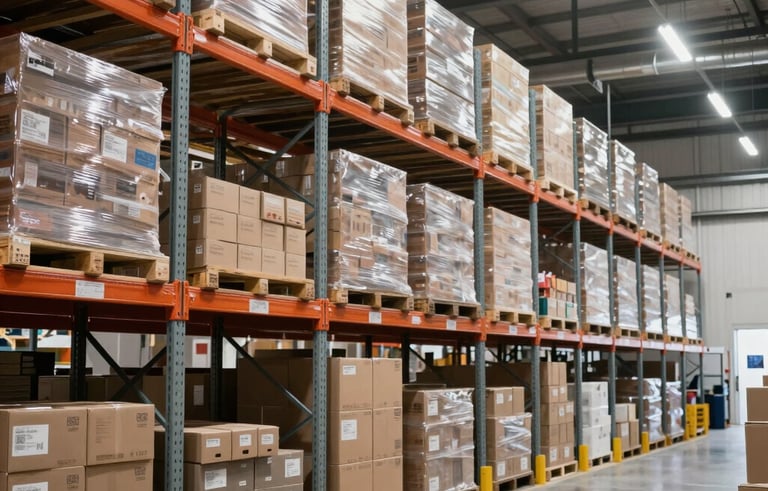 A well-organized modern logistics warehouse in South America, interior shot showing high shelves with neatly stacked boxes, bright industrial lighting, clean professional environment.