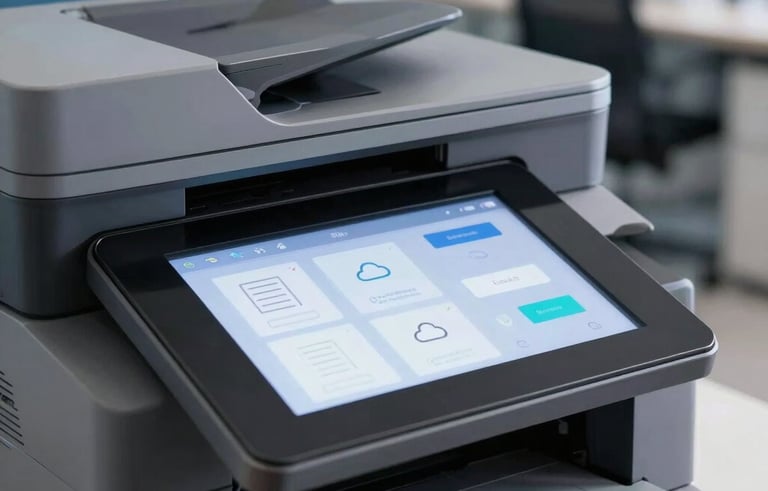 Close-up of a digital touchscreen interface on a sophisticated multifunction printer, showing document icons and cloud settings. Background is a blurred, high-tech Latin American office with blue and grey tones. Sharp, clean, commercial photography.