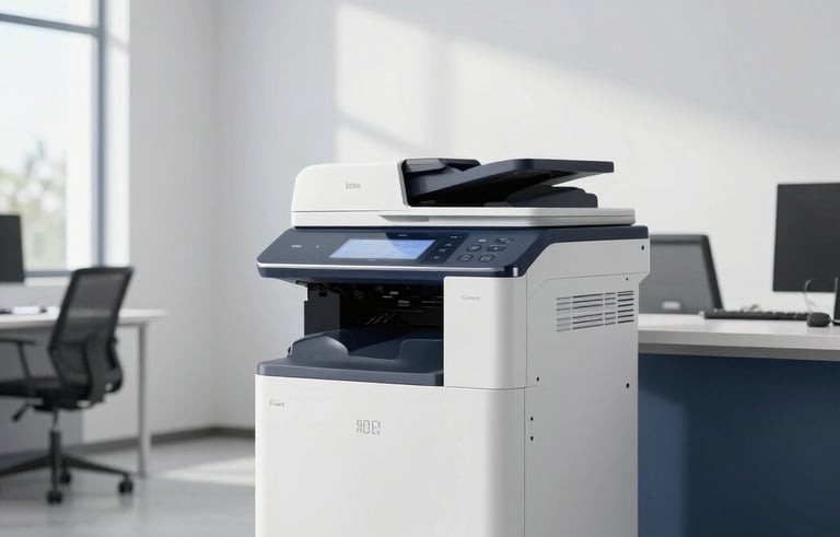 A high-end, sleek multifunction printer standing in a bright, minimalist Latin American corporate office. The setting features clean white walls and blue accents, with natural light coming through large windows. Professional atmosphere, sharp focus on the modern technology.
