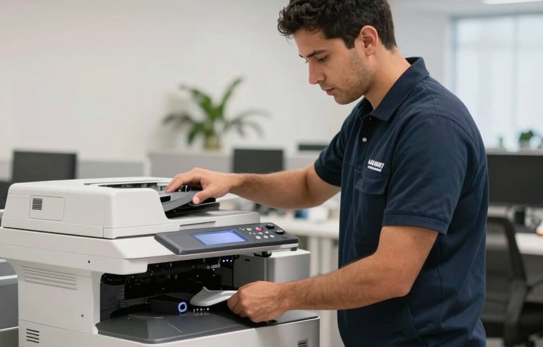 A professional service technician wearing a smart uniform, performing maintenance on a large office copier in a modern Latin American workplace. The scene is bright and organized, conveying efficiency and trust. Soft lighting, medium shot.