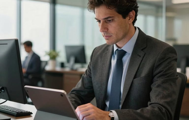 Um gestor profissional South American / Brazilian em um escritório corporativo elegante, analisando dados de desempenho em um tablet de última geração. O cenário de fundo inclui divisórias de vidro e um ambiente de trabalho altamente organizado e eficiente, com luz suave de fim de tarde.