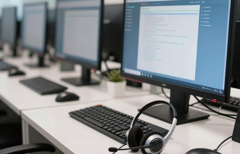 Fotografia profissional de um posto de trabalho moderno de teleatendimento em uma empresa brasileira. Sobre a mesa branca e limpa, há um headset de alta qualidade e um monitor exibindo um sistema de atendimento em tons de azul suave. O ambiente ao fundo é um escritório corporativo South American / Brazilian com iluminação natural suave.