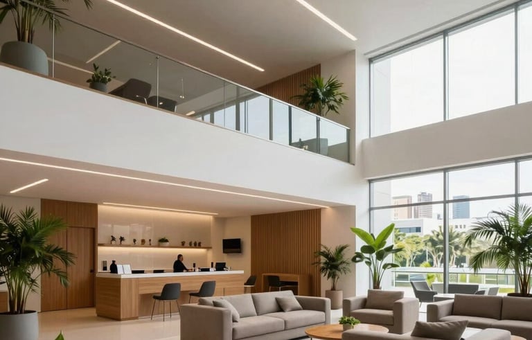Ampla vista do lobby de uma empresa de holding moderna em uma capital South American / Brazilian. O espaço possui arquitetura minimalista, teto alto, móveis contemporâneos e plantas internas. A iluminação é clara e transmite profissionalismo e solidez financeira.