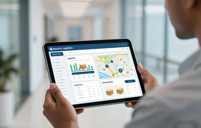 A person in South Asian professional attire holding a modern tablet that displays a logistics dashboard with delivery charts and a tracking map. The background is a brightly lit, modern Indian corporate hallway in soft blue and white tones.
