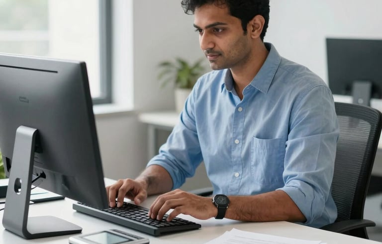 A professional South Asian logistics expert in a modern, clean office setting using a desktop computer to process a shipment. The room is bright with natural light, and the desk features a small digital weighing scale and neatly organized documents in shades of steel blue and white.