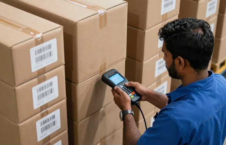 A high-angle photograph of an organized logistics hub in India. Neatly stacked boxes with clear barcode labels are being scanned by a worker in a steel blue uniform using a handheld device. The lighting is crisp and professional.