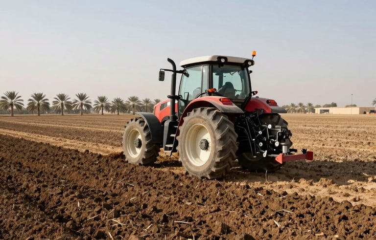 A professional wide-angle landscape photograph of a modern Saudi Arabian farm during the day. A powerful tractor is preparing the soil in a vast field, with some date palm trees visible in the far distance under a clear, bright sky. The composition emphasizes the scale of the agricultural land and the use of modern machinery.