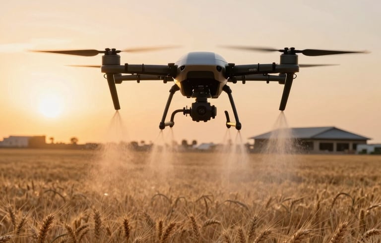 A high-quality close-up photo of a modern agricultural drone flying over a vast wheat field in Saudi Arabia during the golden hour. The drone is spraying a fine mist of organic fertilizer. The background shows a sunset over the horizon with silhouettes of modern farm buildings.