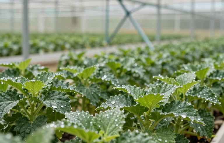 Detailed photography of an automated drip irrigation system in a large, modern Middle Eastern greenhouse. Small water droplets are visible on healthy green leaves. The lighting is bright and natural, reflecting a clean and professional agricultural environment.