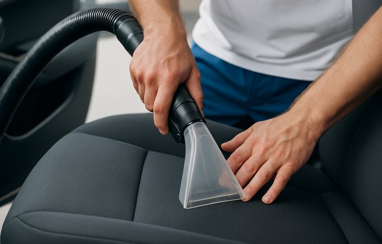 Close-up of a technician using a high-suction extractor on a dark grey fabric car seat, clean lines, bright daylight.