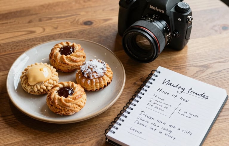 A top-down, professional photograph of a sunlit wooden table in a Western North American cafe. A digital camera is placed next to a ceramic plate of artisanal pastries and a notebook with handwritten marketing strategies. Sophisticated, warm, and clean composition.