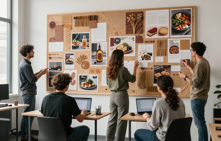 A wide-angle photography shot of a collaborative digital marketing team in a Western North American studio. They are working around a large mood board covered in earthy textures and food imagery. Bright, natural lighting.