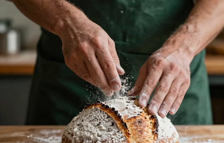 A close-up, warm-toned photograph of an artisanal baker's hands dusting flour over a fresh sourdough loaf in a Western North American bakery. Natural lighting, deep forest green and parchment tones in the background.