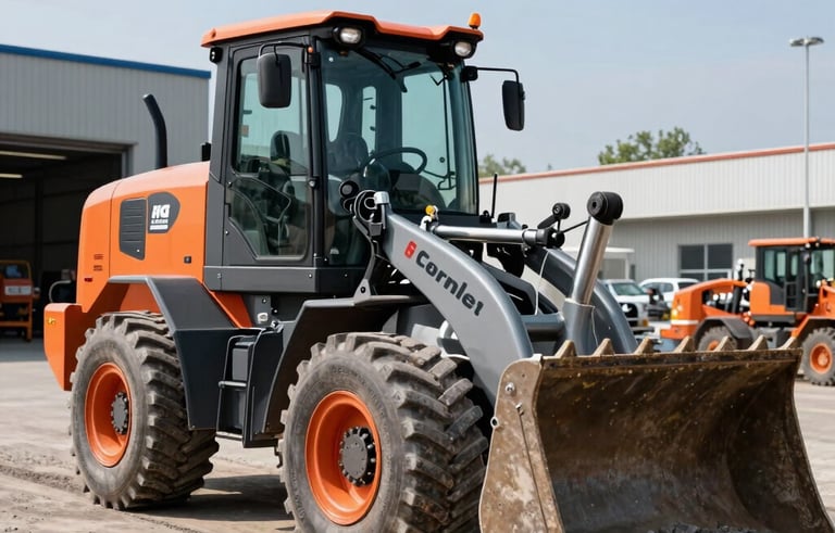 A modern compact loader moving gravel in a professional industrial depot, bright sunlight, orange and grey brand colors, sharp focus on the heavy machinery, Central European setting.