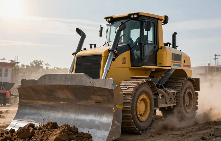 Massive heavy bulldozer Komatsu pushing earth on a large-scale construction site, dust clouds, morning sun, industrial power and reliability, professional B2B photography style.